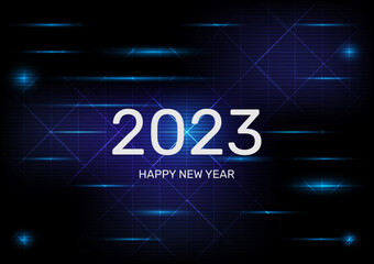Happy New Year 2023 on hitect, digital or technology abstract background. 2023 futuristic sci fi technology with shine light.