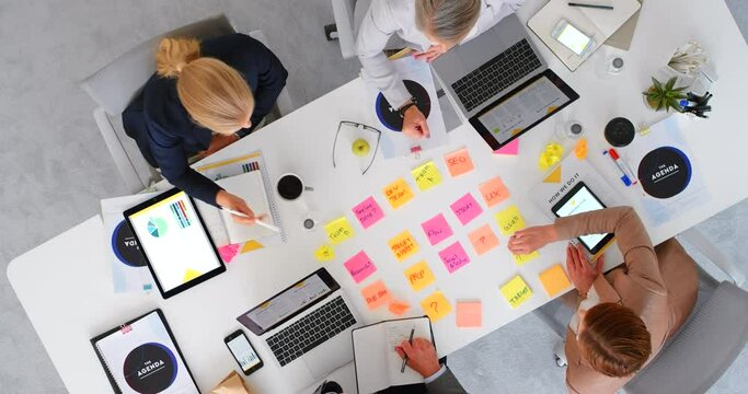 Top view, sticky notes and teamwork of business people planning on table. Mind map, strategy and group, staff or coworkers with devices working on marketing data, seo and creative advertising ideas