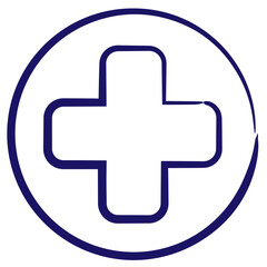 Blue outline icon of the plus sign or cross inside a circle, drawn with a brush. Simple vector minimal linear pictogram isolated on transparent background