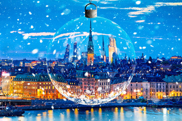 Stockholm skyline advent evening snow view through glass christmas ball