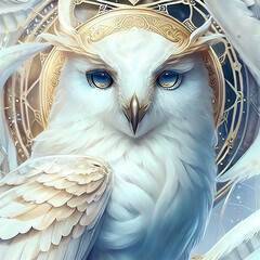 A white owl with unblinking eyes.