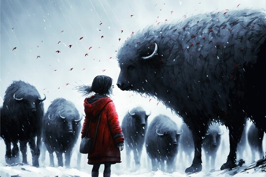 Illustration of little girl saying goodbye to the last bison herd