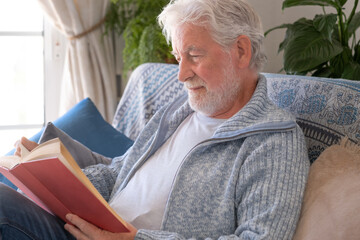 Portrait of smiling Senior 70s man seated on sofa, leisure and people concept - happy bearded...