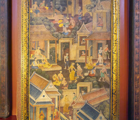 Painting art wall decoration of JAJA Krasip Rak or Poo Man Ya Man love romantic couple at Wat Phumin temple, Nan, Thailand. Famous tourist attraction. © tampatra