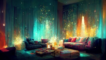 Dream with stary sky in the living room design illustration