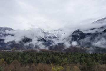 Obraz na płótnie Canvas Panorama Val di Resia seen from the drone