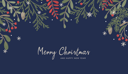 Merry Christmas and Happy New Year greeting card. Winter holiday frame with hand drawn Christmas tree branches, leaves, berries, snowflakes. Cute flat design elements in retro style. Vector  © Feodora_21