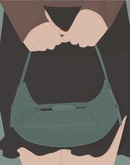 Vector flat image of a young girl in a dress with a bag. Girl with an oblong bag. Design for postcards, posters, backgrounds, templates, banners, textiles.