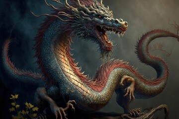 Naklejka premium A scary asian dragon on a dark smoky background