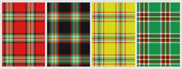 set of 4 christmas tartan seamless fabric texture red green yellow black colors  checkered gingham ornament for plaid tablecloths shirts tartan clothes dresses bed tweed