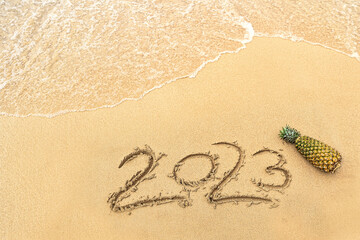 Happy new year 2023! 2023 written in the sand and one pineapple on the beach with sea water. A lot of copy space.