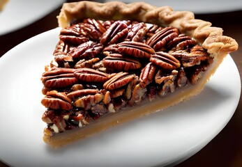 Closeup of a slice of vegan pecan pie on a plate