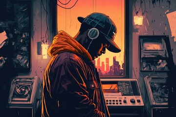 A boy in a cap and headphones listening to music, lo-fi Hip Hop music background, generative ai
