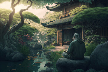 An old monk reading a book in front of an Asian temple and a beautiful green forest with a lake in the background