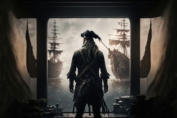 Fototapeta premium A pirate standing on a ship facing the sea and two pirate ships, backview