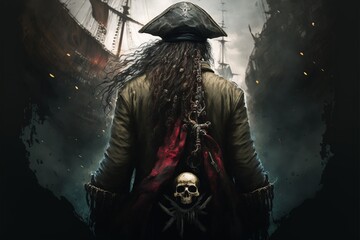 A pirate standing in front of two pirate ships, epic - obrazy, fototapety, plakaty