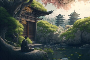 A monk meditaing in front of a temple with a lake - obrazy, fototapety, plakaty