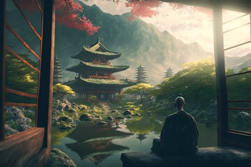 A monk meditating in front of a chinese temple, foggy mountains in the background - obrazy, fototapety, plakaty