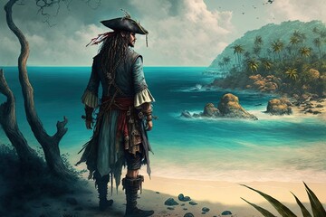 A pirate standing on an island with a blue ocean, abstract