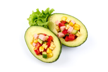 Bio organic avocado filled with cheese, corn, meat and herbs.