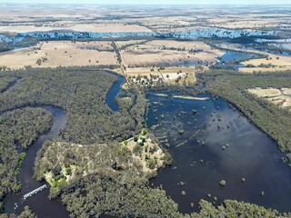 Aerial view of Murray River flood in  Riverina. Southeastern Australia.