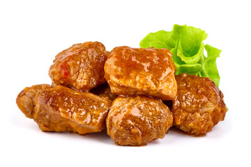 Stew Meat with herbs isolated on white background.
