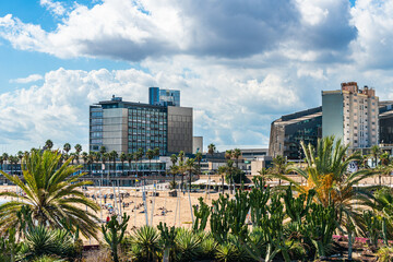 Hospital del Mar and Research Institute over Urban Beach, Barcelona, Catalonia, Spain, Europe