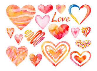 Watercolor grunge hearts set, Valentine day, illustration vintage design element