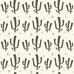 Seamless pattern summer cactus on desert with stars