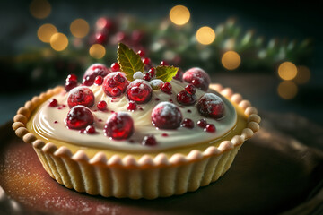 beautiful illustration of sweet dessert ,  cranberry white chocolate cream tart - obrazy, fototapety, plakaty