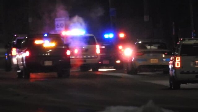 Shaky Blurred Police Vehicles Undercover Pickup Flashing Lights At Night Accident