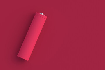 Battery of magenta on red background. Color of the year 2023. Copy space. Top view. 3d render