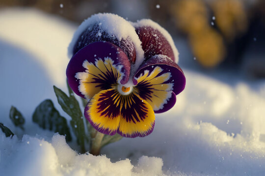 illustration of blossom pansy flowered with snow, snow fall,	
