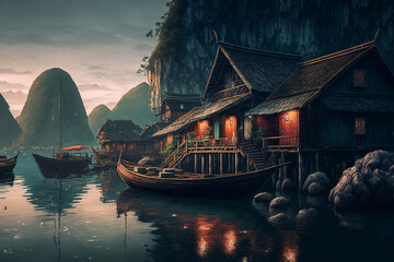  illustration beautiful view inspire from Ha Long Bay, Vietnam 