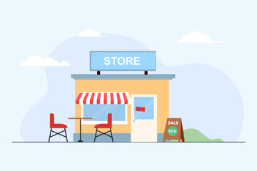 Vector illustration of coffee store, restaurant or café with discount banner and tables on the background of the landscape