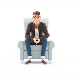 3d confident cartoon man sitting in armchair