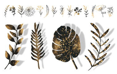 Big hand drawn colorful gold plant set - universally usable. Botanical, chic and trendy plants. Hand drawn lines, elegant leaves for your own design. Flower branch and minimalistic modern plants.