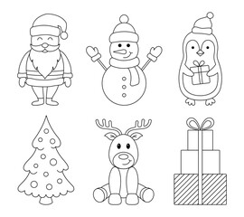 Set of Christmas outline characters, symbols and decorative elements. Santa Claus, snowman, reindeer, penguin, tree, gift boxes. Vector illustration