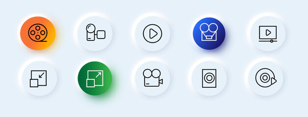 Video icons set. Film, camera, start, file, broadcast, projector, disc, plate. vee concept. Neomorphism style. Vector line icon for business