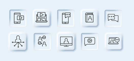 A set of blogging cues. Blog, vlog, smartphone, monitor, message, text, thought, camera, broadcast. Blogging concept. Neomorphism style. Vector line icon for business
