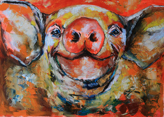 Pop art face of a smiling pig. Modern colorful painting with acrylic