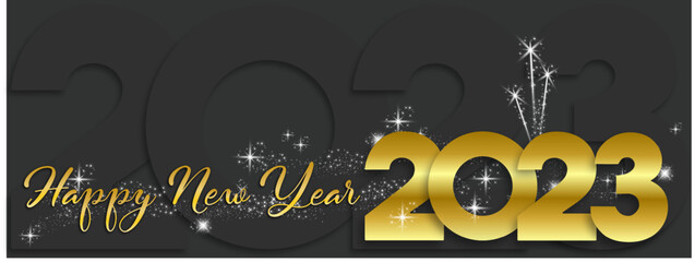 Happy New Year 2023 handwritten lettering tipography design sparkle firework black and gold 2023 gradient black background