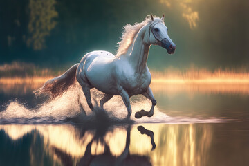 AI generated image of a handsome horse galloping through a river, splashing water	
