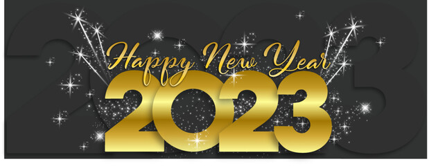 Happy New Year 2023 handwritten lettering tipography design sparkle firework gold 2023 gradient black background