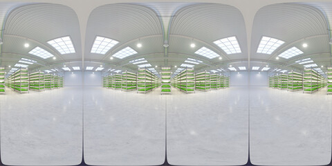 Full spherical HDRI panorama 360 degrees of indoor vertical farm. Hydroponic microgreens plant factory. 3d illustration.