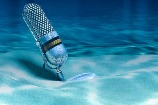 Retro microphone on ocean bottom underwater, 3D rendering
