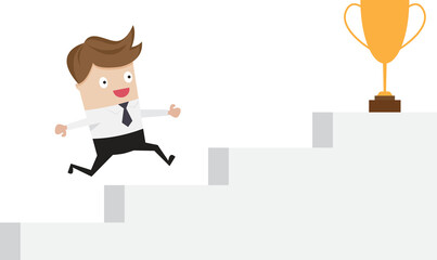 businessman climbing for trophy cartoon