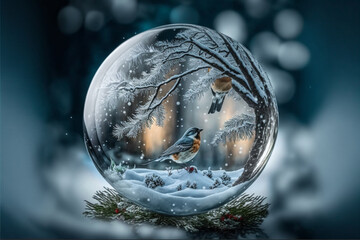 magical snow wonderland as seen through a glass Christmas bauble hanging from the branch of a Christmas tree
