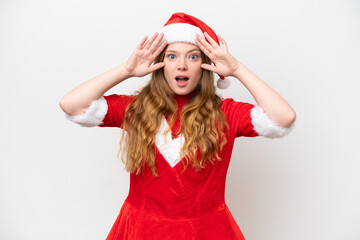 Young caucasian woman with Christmas dress isolated on white background with surprise expression