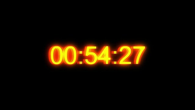 Glitch Timecode. Hologram digits on black background. Orange timecode. Timecode countdown glitch malfunction real time.